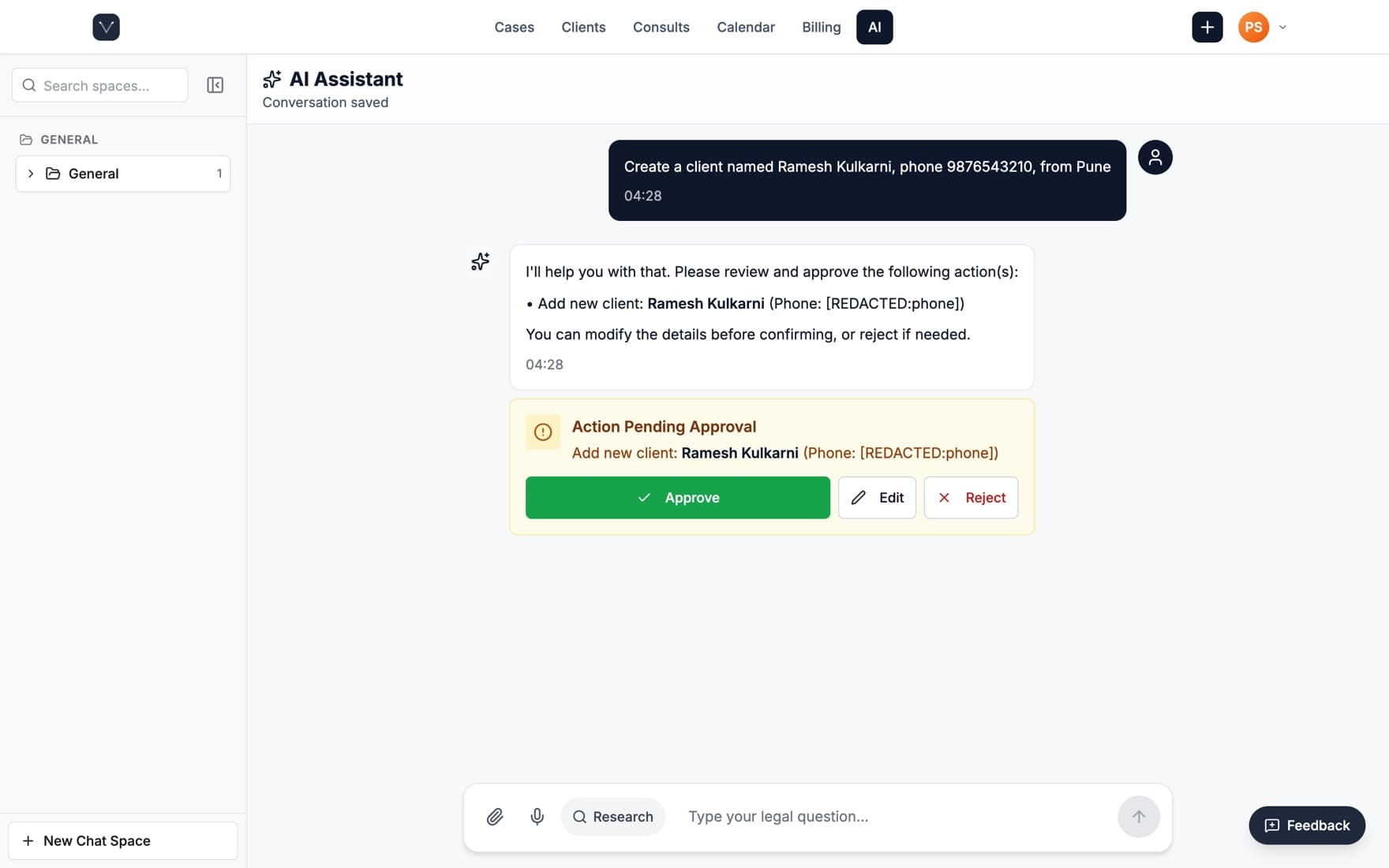 Guvio's AI assistant showing an “Action Pending Approval” card to add a new client, with green Approve, Edit and Reject controls.
