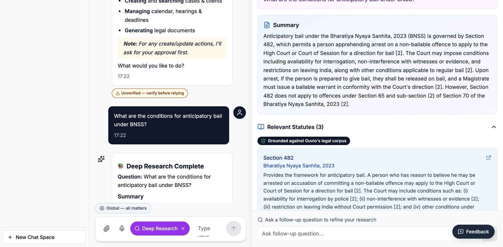 Guvio Deep Research on anticipatory bail under the BNSS: a completed summary citing Section 482 with a green “Grounded against Guvio's legal corpus” badge and statute source cards, and an amber “Unverified — verify before relying” flag on an earlier turn.