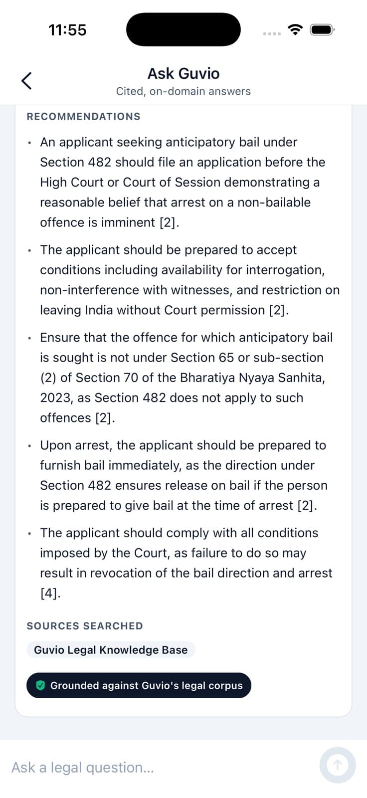 Full iPhone screen of Guvio's iOS app showing the same anticipatory-bail answer: cited recommendations under Section 482 BNSS, “Guvio Legal Knowledge Base” under sources searched, and the green “Grounded against Guvio's legal corpus” badge.